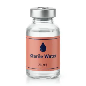 Sterile water 30mL vial with size on dusty rose label