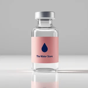 Bacteriostatic water 10mL vial with dusty rose label and water drop logo