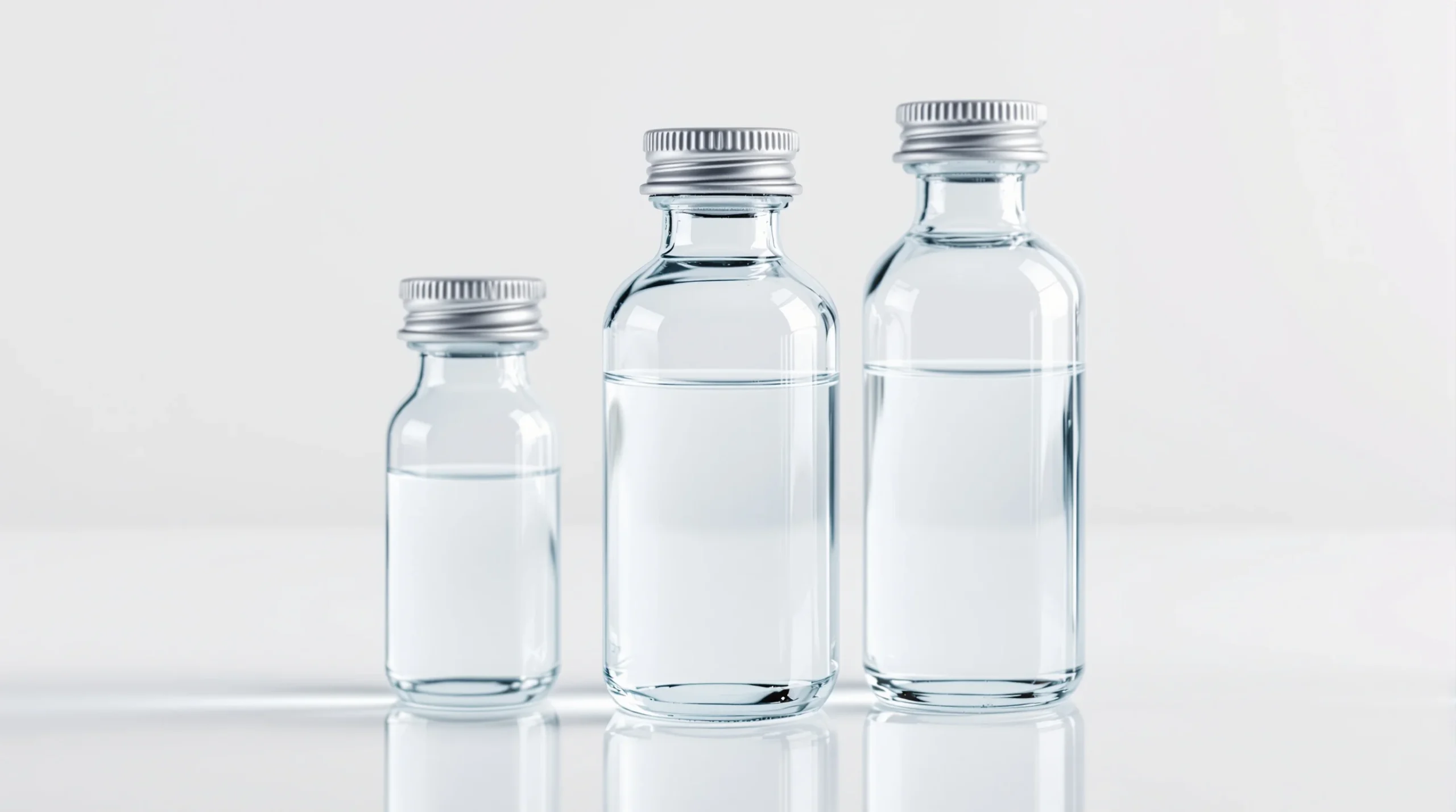 Three clear glass vials of bacteriostatic water and PBS solution